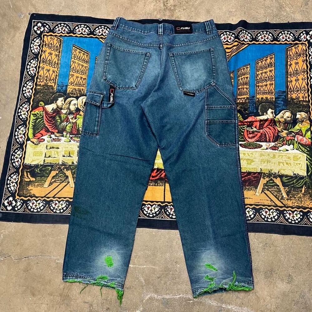 Fubu Blue carpenter jeans Size 36x34 Baggy wide leg fit cargo pockets distressed